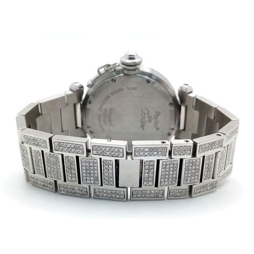 30 - A PASHA DE CARTIER DIAMOND AUTOMATIC LADIES WATCH. STAINLESS STEEL BRACELET AND CASE - 36MM. BLACK D... 