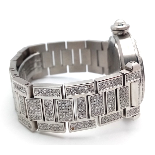30 - A PASHA DE CARTIER DIAMOND AUTOMATIC LADIES WATCH. STAINLESS STEEL BRACELET AND CASE - 36MM. BLACK D... 