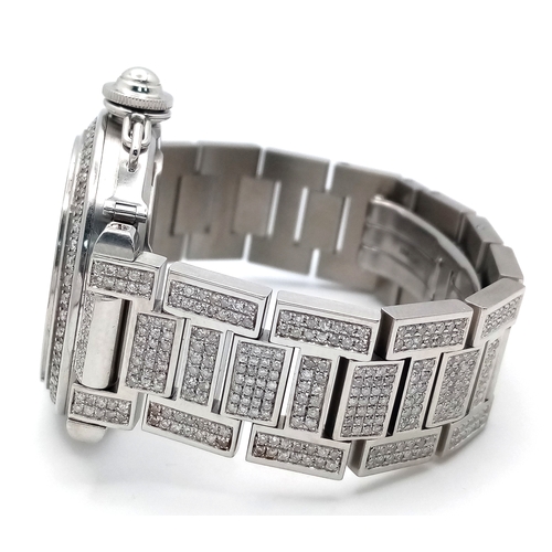 30 - A PASHA DE CARTIER DIAMOND AUTOMATIC LADIES WATCH. STAINLESS STEEL BRACELET AND CASE - 36MM. BLACK D... 