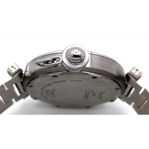 30 - A PASHA DE CARTIER DIAMOND AUTOMATIC LADIES WATCH. STAINLESS STEEL BRACELET AND CASE - 36MM. BLACK D... 