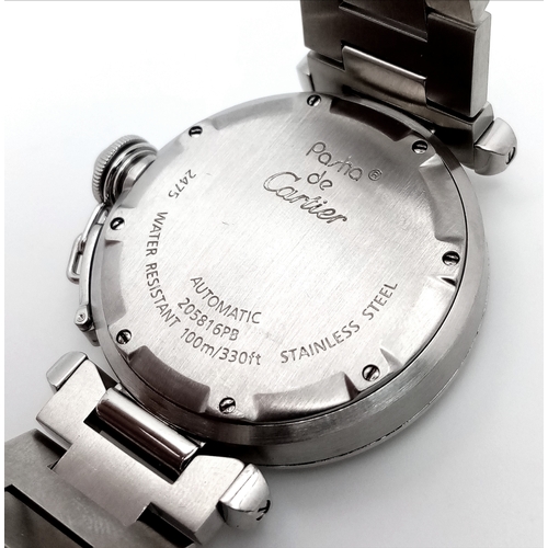30 - A PASHA DE CARTIER DIAMOND AUTOMATIC LADIES WATCH. STAINLESS STEEL BRACELET AND CASE - 36MM. BLACK D... 