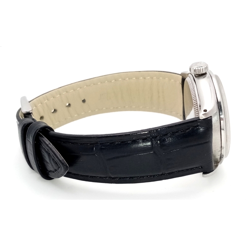 37 - A VINTAGE  ROLEX OYSTER PERPETUAL WATCH WITH RARE WAFFLE DIAL. BLACK LEATHER STRAP. STAINLESS STEEL ... 