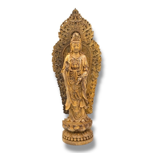 1092 - A large natural Hand-Carved Agarwood Guanyin Standing Lotus Shrine Sculpture. 
The natural agarwood ... 