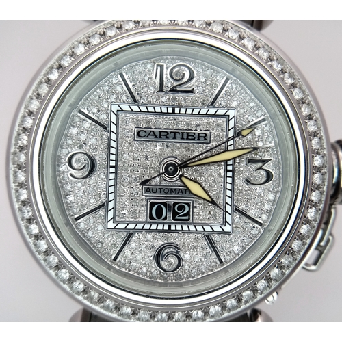31 - A Pasha de Cartier Diamond Ladies Watch. Stainless steel bracelet and case - 36mm. Diamond encrusted... 