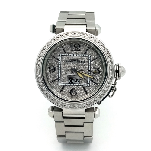 31 - A Pasha de Cartier Diamond Ladies Watch. Stainless steel bracelet and case - 36mm. Diamond encrusted... 