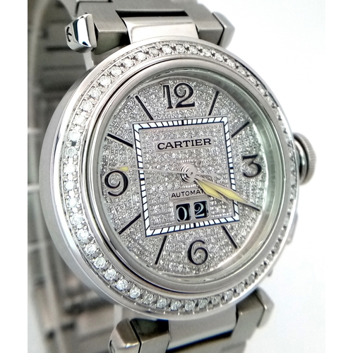 31 - A Pasha de Cartier Diamond Ladies Watch. Stainless steel bracelet and case - 36mm. Diamond encrusted... 