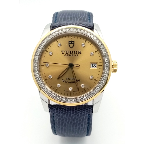 52 - A Tudor Glamour Automatic Diamond Unisex Watch. Blue leather strap. Stainless steel case - 36mm. Gol... 