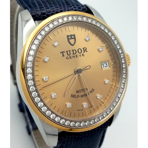 52 - A Tudor Glamour Automatic Diamond Unisex Watch. Blue leather strap. Stainless steel case - 36mm. Gol... 