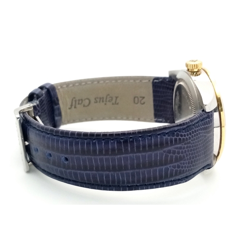 52 - A Tudor Glamour Automatic Diamond Unisex Watch. Blue leather strap. Stainless steel case - 36mm. Gol... 
