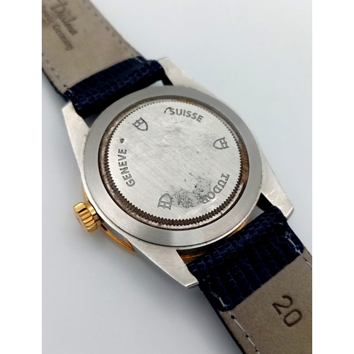 52 - A Tudor Glamour Automatic Diamond Unisex Watch. Blue leather strap. Stainless steel case - 36mm. Gol... 