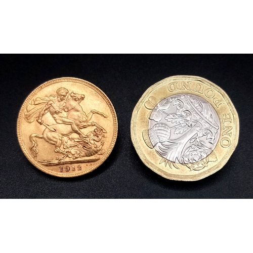 1077 - A George V 1912 Full Sovereign Coin. 22k Gold.