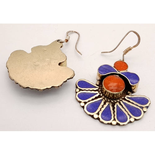 1088 - A vintage pair of 925 silver Lapis Lazuli and Coral large drop earrings. Total weight 24.2G.