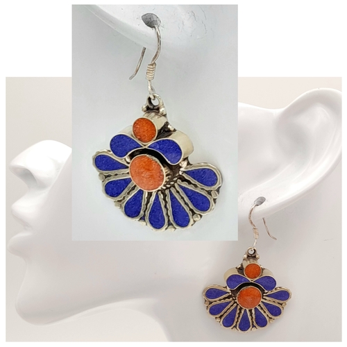 1088 - A vintage pair of 925 silver Lapis Lazuli and Coral large drop earrings. Total weight 24.2G.