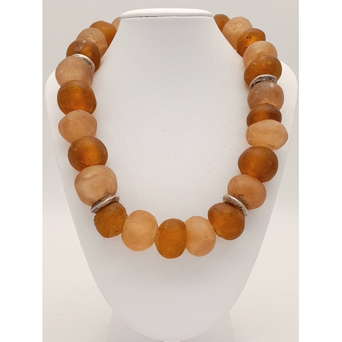 1102 - A vintage 925 silver large  stone set  spacers link chunky necklace. Total length 50cm.