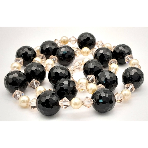 1116 - A fancy Faux Pearl and Crystal link fashion necklace with 925 silver clasp. Total length 55cm.