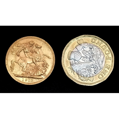 51 - A George V 1912 Full Sovereign Coin. 22k Gold.