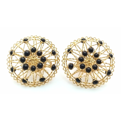 1103 - A Pair of Italian Fancy 18K Gold and Onyx Bead Earrings. Beautiful open-work in a circular form. 33m... 