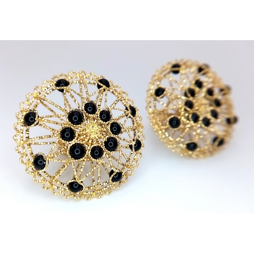 1103 - A Pair of Italian Fancy 18K Gold and Onyx Bead Earrings. Beautiful open-work in a circular form. 33m... 