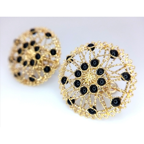 1103 - A Pair of Italian Fancy 18K Gold and Onyx Bead Earrings. Beautiful open-work in a circular form. 33m... 