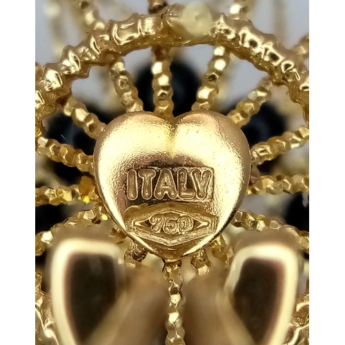 1103 - A Pair of Italian Fancy 18K Gold and Onyx Bead Earrings. Beautiful open-work in a circular form. 33m... 