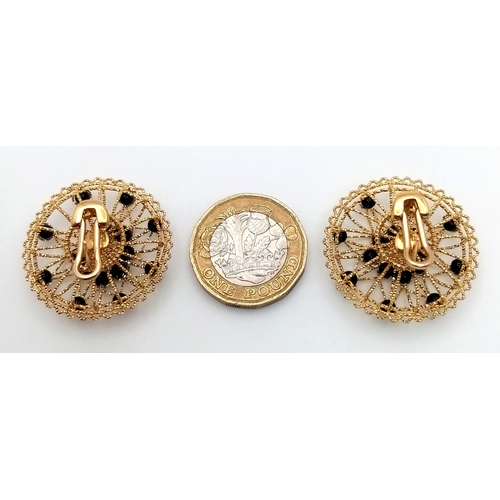 1103 - A Pair of Italian Fancy 18K Gold and Onyx Bead Earrings. Beautiful open-work in a circular form. 33m... 