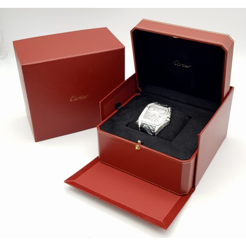 17 - A CARTIER SANTOS 100 WATCH IN STAINLESS STEEL WITH ADDITIONAL LATER CUSTOM DIAMOND DIAL, BEZEL, SHOU... 