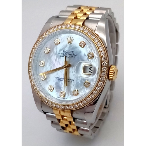 A Rolex Bi-Metal Diamond Datejust Gents Watch. Model 116243. Gold and stainless steel bracelet and Case - 36mm. Mother of pearl dial with diamond markers. Diamond set bezel. All diamonds are Rolex factory fitted. Comes with a WCSA and Watch Register Report. NOTE: Although the watch is in good condition and working order the bracelet is on the very small side - hence, priced to sell.  STK026304