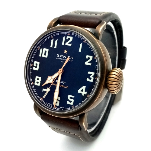 A ZENITH, MONTRE D'AERONEF, TYPE 20, PILOT EXTRA SPECIAL AUTOMATIC WATCH. MODEL 29.2430.679. LARGE BUTTON, WITH ORIGINAL STRAP AND BUCKLE. CASE - 46mm. IN FULL WORKING ORDER.