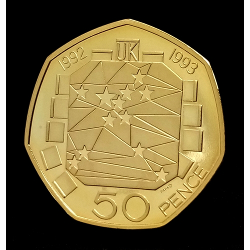 A Royal Mint 1992-1993 Gold Proof Fifty Pence Coin. Queen Elizabeth II. 22k gold. 26.32g. Limited edition. 1211 of 2500. Comes with a certificate of authenticity and presentation case. A wonderful coin collectible or gift to hand down to loved ones.