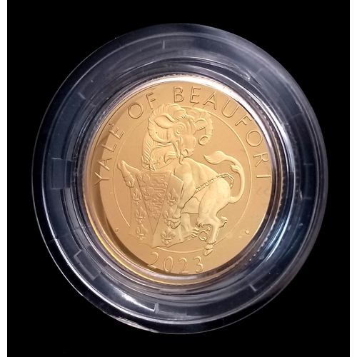 A 2023 Royal Mint 999.9 Gold Limited Edition 'The Royal Tudor Beasts' - Yale of Beaufort Proof Coin. Number 140 of 760. 7.8g. 25GBP denomination. 22mm diameter. Encapsulated. In original wood case with certificate of authenticity.