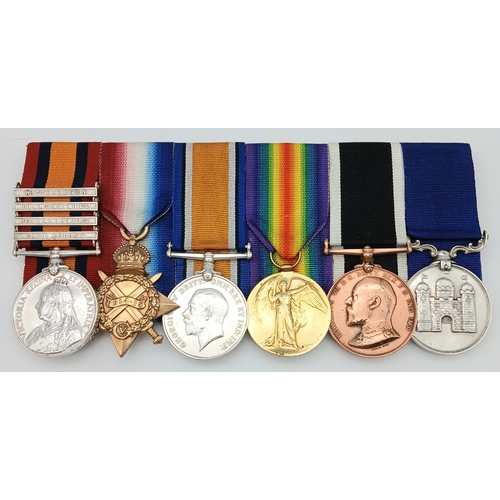 An example of the excessively rare (possibly unique), named, Boer War Tribute Medal issued by the Corporation of Clitheroe, in a group of six medals to a St John Ambulance Brigade
and WW1 Royal Army Medical Corps recipient. The group consisting of: Queen’s South Africa Medal (QSA) with four clasps: Cape Colony; Johannesburg; Diamond Hill; Wittebergen; named to: 244 Ordly J T Riding St John Amb Bde 1914/15 Star, named to: 30 Sgt J T Riding RAMC British War Medal and Victory Medals named to: 30 A WO Cl 2 J T Riding RAMC St John Ambulance Medal for South Africa, named to: Pte J T Riding Clitheroe Div Boer War Tribute Medal from Clitheroe, named to: Ordly John T Riding (named in reverse field) John Thomas Riding was born on 23 May 1877 in Clitheroe, Lancashire. As a
member of the Clitheroe Division of the St John Ambulance Brigade, he volunteered for service in the South African War and served in South Africa from January to
August 1900. For his service in South Africa he received the Queen’s South Africa medal with four clasps, including, scarce to the SJAB, the three ‘battle’ clasps Johannesburg, Diamond Hill and Wittebergen, which he earned serving under fire during his period as a member of the 21 st Infantry Brigade Bearer Company during Lt Gen Ian Hamilton’s famed advance from Bloemfontein to Pretoria. He also received the SJAB Service Medal and was presented with the Boer War Tribute Medal awarded by the Corporation of Clitheroe. Following his service in South Africa, John Riding worked as a Fish and Chip fryer in Lancaster, and later as a workhouse porter. He enlisted in the RAMC (Territorial Army) at Kendal on 26 November 1914 and joined the West Lancashire Casualty
Clearing Station (34 th CCS (1/1 st West Lancashire) Territorial Force) in the rank of Serjeant (with the low number ‘30’). He disembarked in France on 10 November 1915 and was finally discharged on 20 July 1919 having achieved the rank of Acting Warrant Officer Class 2. The 34 th CCS remained in France up to the Armistice and
played a particularly vital role during major battles such as the Battle of the Somme. After the end of the First World War, John Riding applied for a disability pension, but was unsuccessful. The 1921 Census records him living in Kirkham, Lancashire with his wife Mary Ellen (nee Thompson), together with a widowed Aunt and two cousins, and employed as the caretaker of the public baths in Kirkham. The 1939 Register records him still at the same address and now the Baths Superintendent. He died in
Blackburn, Lancashire in 1957, at the age of 80.
The Clitheroe Tribute Medal is regarded as extremely rare; in his authoritative book on Boer War Tribute Medals, published in 1982, M G Hibberd stated that only four examples of this medal are known. In fact, two others have appeared in recent decades – that to Pte G Hitchen E Lanc Regt, sold by DNW in 2011 for £1,900 (hammer) and that to Orderly T Driver Clitheroe Div SJAB sold by Noonans in 2023 for £1,400 (hammer) – see attached extracts from auction catalogues. This medal group, including the Tribute Medal named to John Thomas Riding, was obtained directly from a family member and has never previously been on the market. It is possible that this grouping is unique. With copy extract from the medal roll for the QSA – note that the roll indicates three clasps Jo’burg, CC and OFS issued, but there are references to later correspondence which presumably led to the correct four clasps (as attached to the medal) being issued – copy MIC, WW1 medal roll, medical history and extract from
‘AngloBoerWar.com’ concerning the circumstances of the award of the Clitheroe Tribute Medal. Also copy extracts from the ‘Clitheroe Times’ concerning the award of the Tribute Medal to the Clitheroe volunteers, including transcripts of four fascinating and informative letters written by John Riding from South Africa to the newspaper, friends and relatives. The medals are mounted court style for display and in generally Very Fine (VF) condition, although there has been a rather crude attempt to tighten the Tribute Medal suspender swivel, and an attempt to erase the ‘A’ (for Acting) before WO Cl 2 on the BWM and Victory Medals.