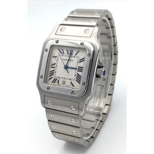 A Cartier Santos Quartz Gents Watch. Model 1564. Stainless steel bracelet and case - 30mm. White dial with Roman numerals. Sapphire set crown. In good condition and working order. Comes with Cartier pouch, 2023 service papers, WCSA and watch register report. STK025706