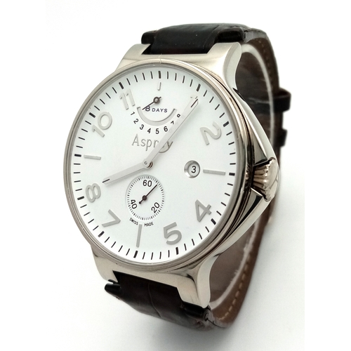 A LIMITED EDITION (20/100) ASPREY 8 DAYS AUTOMATIC GENTS WATCH. BROWN LEATHER STRAP. 18K GOLD - 42MM. 28 JEWELS. HAVING A SKELETON BACK AND ATTRACTIVE WHITE DIAL WITH TWO SUB DIALS AND DATE WINDOW. COMES WITH A WATCH REGISTER REPORT.
IN GOOD CONDITION AND WORKING ORDER.