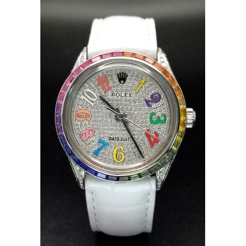 46 - A Custom Rolex Datejust with a Diamond-Paved Dial. White leather strap. Stainless steel case - 36mm.... 