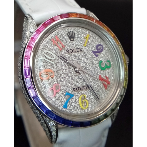 46 - A Custom Rolex Datejust with a Diamond-Paved Dial. White leather strap. Stainless steel case - 36mm.... 
