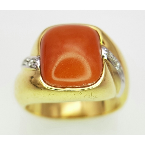 40 - An 18k yellow gold coral and diamond cabochon ring, 8g total weight, 0.04ct diamond weight, ring siz... 