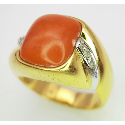 40 - An 18k yellow gold coral and diamond cabochon ring, 8g total weight, 0.04ct diamond weight, ring siz... 