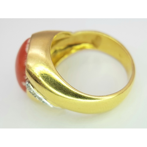 40 - An 18k yellow gold coral and diamond cabochon ring, 8g total weight, 0.04ct diamond weight, ring siz... 