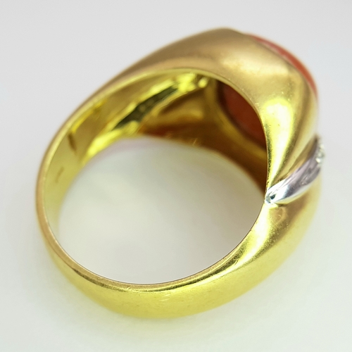 40 - An 18k yellow gold coral and diamond cabochon ring, 8g total weight, 0.04ct diamond weight, ring siz... 