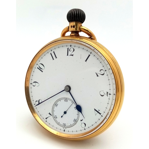 AN OPEN FACE 18K GOLD POCKET WATCH WITH THE WORKS OF "L BEHA" OF BRIDGEND,  THE CASE BEING DATED 1913 IN VERY NICE CONDITION AND FULL WORKING ORDER.   TOTAL WEIGHT 124.5gms. NOTE: HEAVY 18K GOLD CASE C. 52G. CROWN - NON-GOLD.