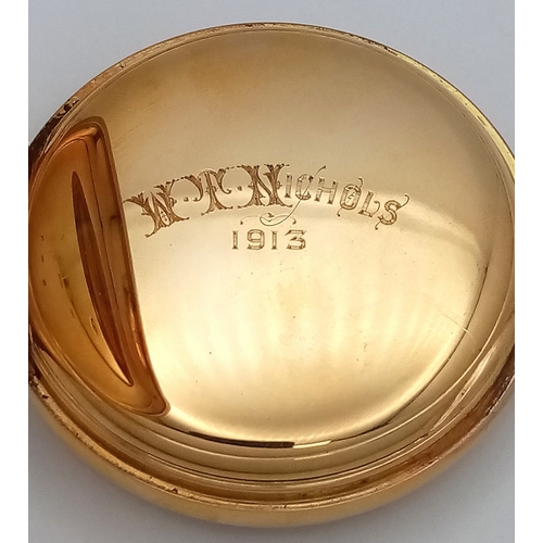 338 - AN OPEN FACE 18K GOLD POCKET WATCH WITH THE WORKS OF 
