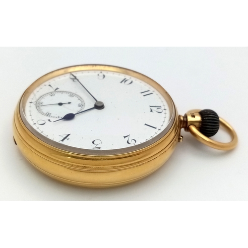 338 - AN OPEN FACE 18K GOLD POCKET WATCH WITH THE WORKS OF 