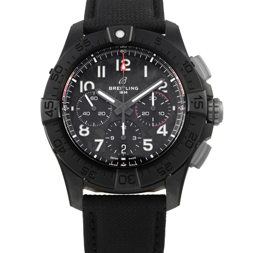A Breitling Avenger B01 Chronograph 44 Night Mission Watch. Features a 44mm-wide black ceramic case, detailed with a black unidirectional bezel, a black dial, and a transparent case back. Large and luminous Arabic numerals, and luminous hands ensure legibility in low-light conditions. It is powered by the Breitling-manufactured, COSC-certified B01 automatic movement, offering a long power reserve of approximately 70 hours. Comes with an extra strap, papers, and the manufacturer's box. *This item is held at Cadmore USA Office in Pennsylvania, USA and will be shipped from there. Buyers will be responsible for direct shipping payments.* ID: 312984