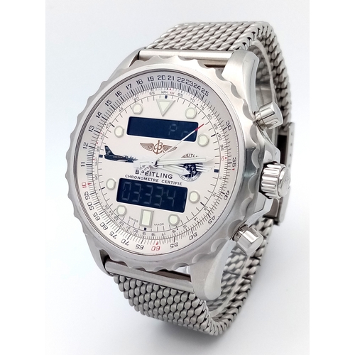 A Limited Edition Breitling Chronospace Jet Team Quartz Gents Watch. Model A78365. 152 of 1000. Stainless steel bracelet and case - 48mm. Cream dial with two digital windows and Breitling jet team logo. Comes with a WCSA and Watch Register report. In working order. R-26772.