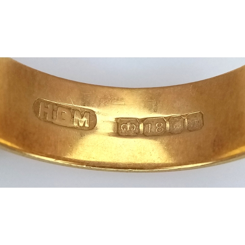 8 - An 18K Yellow Gold Band Ring. UK hallmarks. 6mm width. Size O. 6.4g.