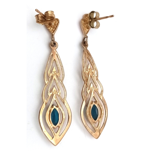 14 - Beautiful Pair of 9 CARAT GOLD DROP EARRINGS set with Bagette Cut AQUAMARINE GEMSTONES. Complete wit... 