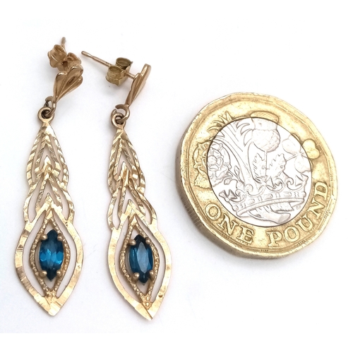 14 - Beautiful Pair of 9 CARAT GOLD DROP EARRINGS set with Bagette Cut AQUAMARINE GEMSTONES. Complete wit... 