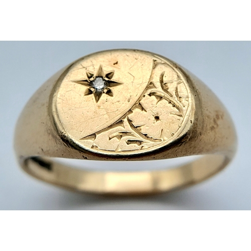16 - A 9K Yellow Gold Diamond Star Set Signet Ring. Size U 1/2. 5.6g.