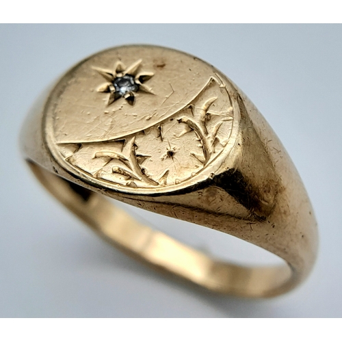 16 - A 9K Yellow Gold Diamond Star Set Signet Ring. Size U 1/2. 5.6g.
