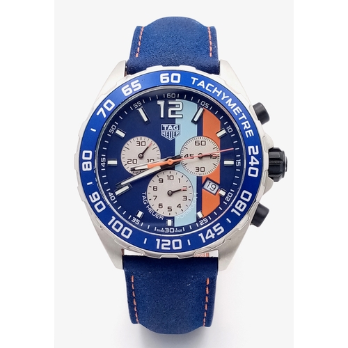 26 - A Tag Heuer Gulf Special Edition Chromograph Quartz Gents Watch. Model - CAZ101N. Blue fabric and le... 